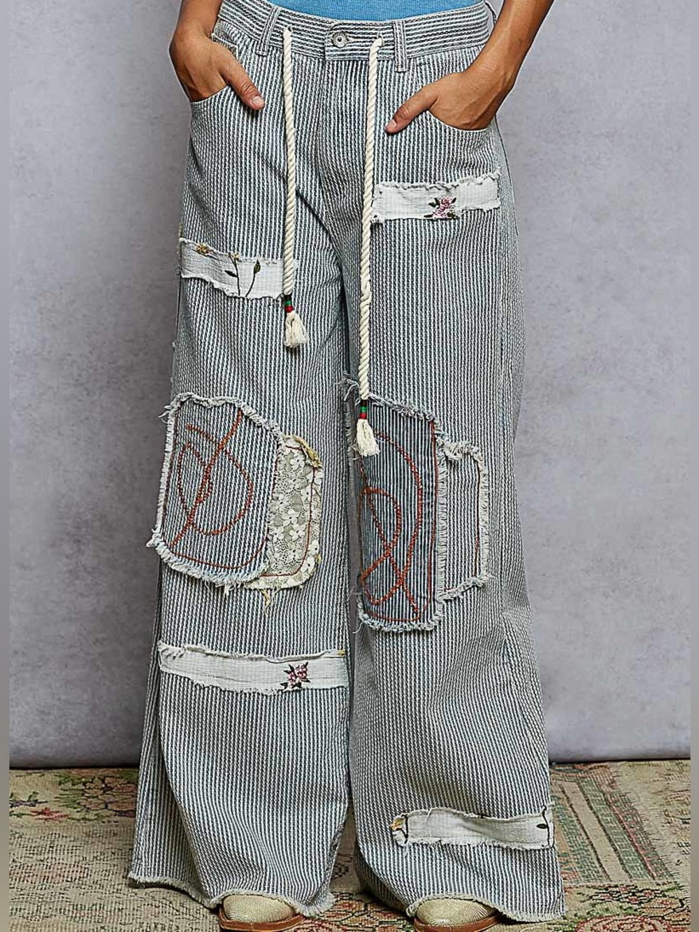 Boho Wide-Leg Patchwork Pants - Gray Striped
